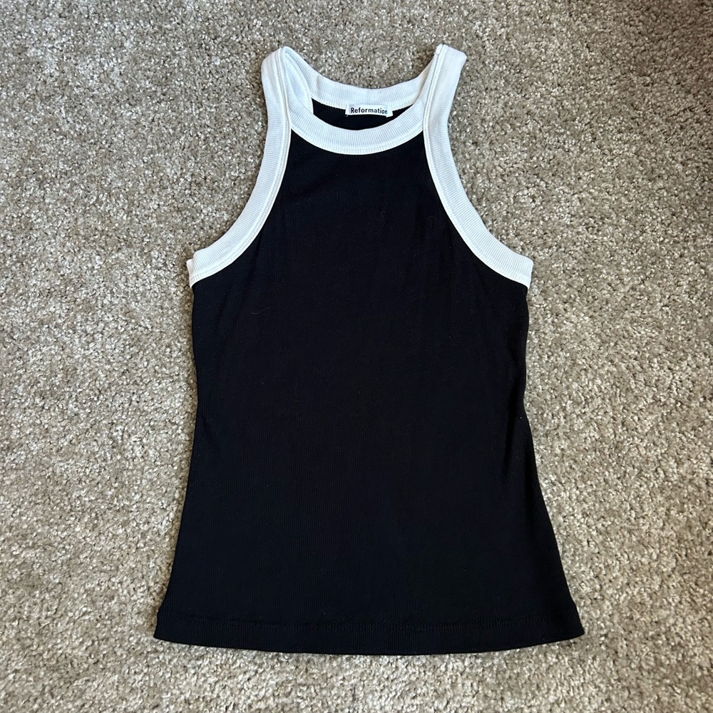 Reformation Black High Neck White Piping Racerback Tank
